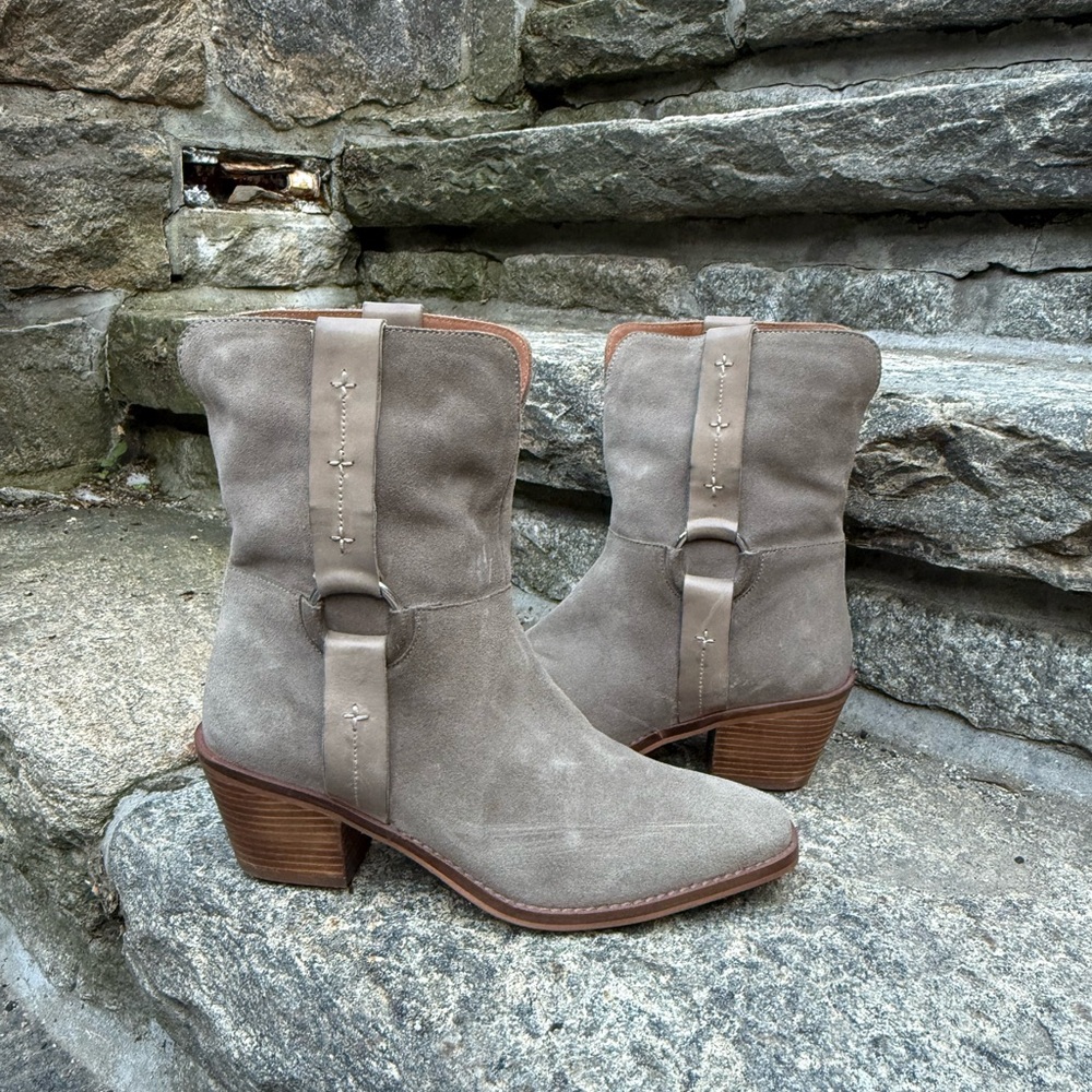 Lucky Brand Taupe Suede Mid-Heel Ankle Boots
